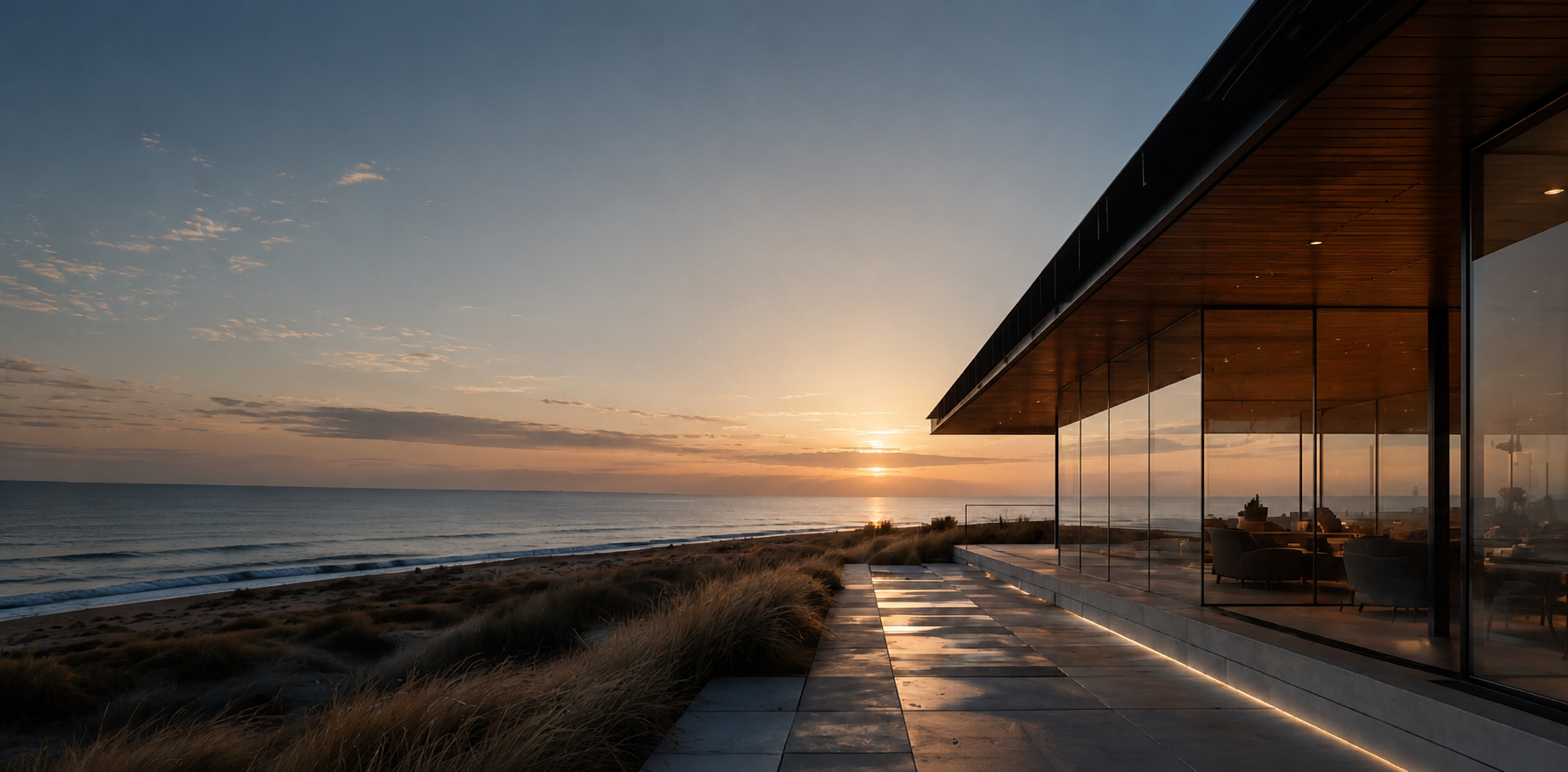 Moderne kustvilla bij zonsondergang aan de Zeeuwse kust